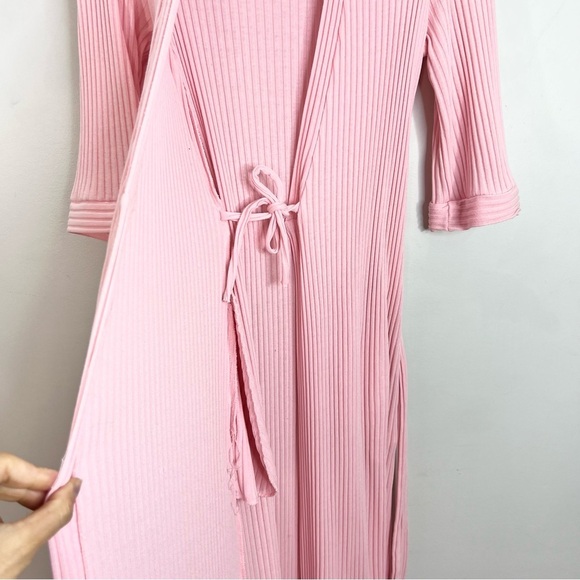 Vintage 70s 80s pink ribbed knit cotton blend half sleeve maxi wrap dress XS - Picture 9 of 12